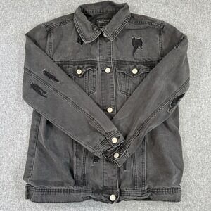 Streetwear Society Distressed Denim Jacket Womens Small Black Trucker‎ Grunge